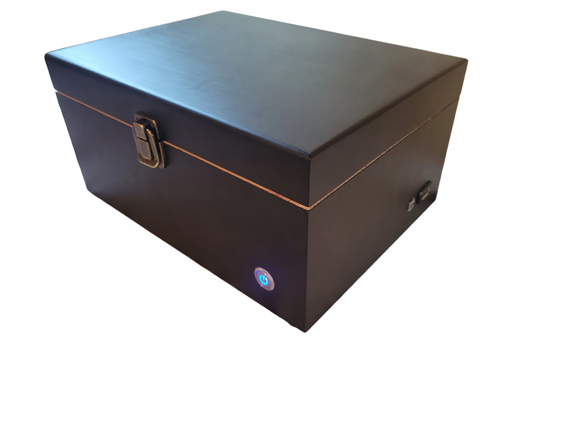 A closed soundproof enclosure box made of black wood with a white noise generator built-in, featuring a USB connection and an LED status indicator.