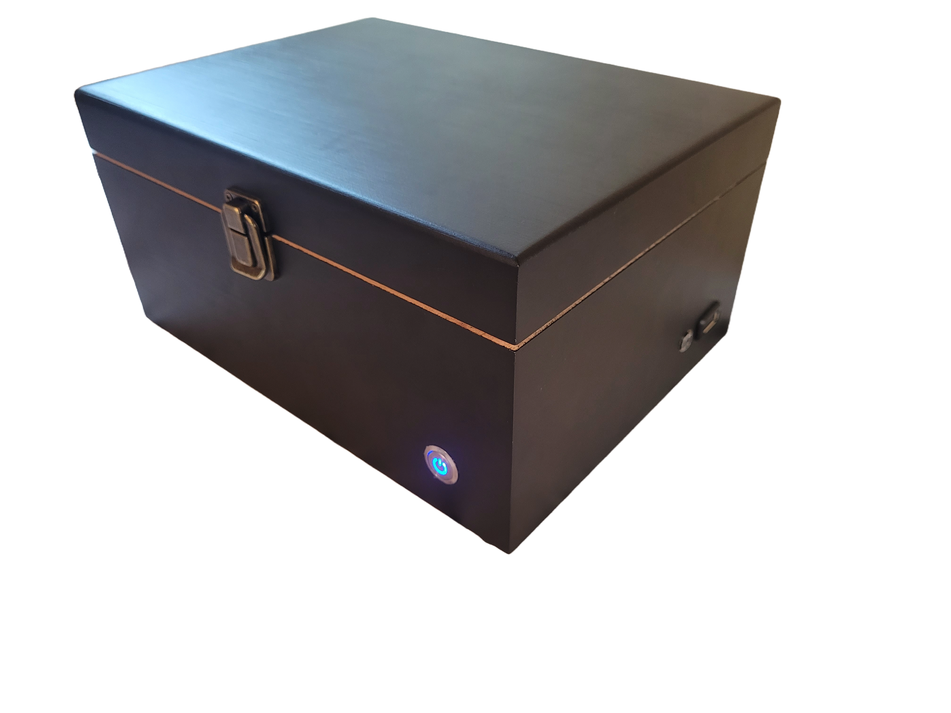 A closed soundproof enclosure box made of black wood with a white noise generator built-in, featuring a USB connection and an LED status indicator.